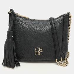 Carolina Herrera Black Leather Chain Tassel Shoulder Bag