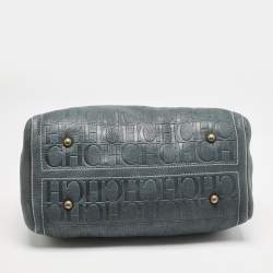 CH Carolina Herrera Navy Blue Monogram Embossed Leather Large Andy Boston Bag