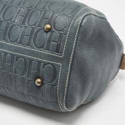 CH Carolina Herrera Navy Blue Monogram Embossed Leather Large Andy Boston Bag