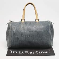 CH Carolina Herrera Navy Blue Monogram Embossed Leather Large Andy Boston Bag