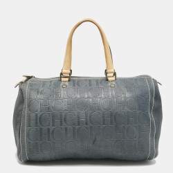 CH Carolina Herrera Navy Blue Monogram Embossed Leather Large Andy Boston Bag