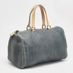 CH Carolina Herrera Navy Blue Monogram Embossed Leather Large Andy Boston Bag
