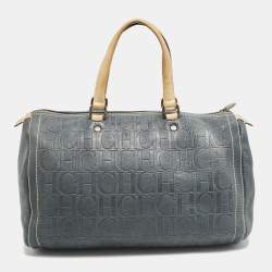 CH Carolina Herrera Navy Blue Monogram Embossed Leather Large Andy Boston Bag