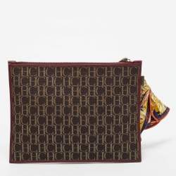 CH Carolina Herrera Burgundy/Brown Monogram Canvas and Leather Scarf Flat Pouch
