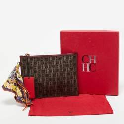 CH Carolina Herrera Burgundy/Brown Monogram Canvas and Leather Scarf Flat Pouch
