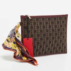 CH Carolina Herrera Burgundy/Brown Monogram Canvas and Leather Scarf Flat Pouch