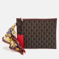CH Carolina Herrera Burgundy/Brown Monogram Canvas and Leather Scarf Flat Pouch