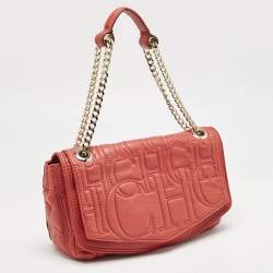 CH Carolina Herrera Red Monogram Leather Double Flap Shoulder Bag