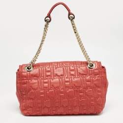 CH Carolina Herrera Red Monogram Leather Double Flap Shoulder Bag