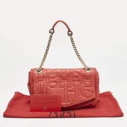 CH Carolina Herrera Red Monogram Leather Double Flap Shoulder Bag