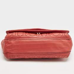 CH Carolina Herrera Red Monogram Leather Double Flap Shoulder Bag