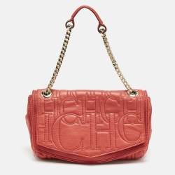 CH Carolina Herrera Red Monogram Leather Double Flap Shoulder Bag