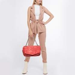 CH Carolina Herrera Red Monogram Leather Double Flap Shoulder Bag