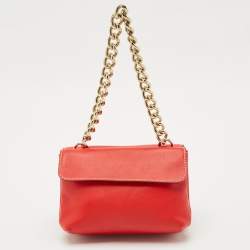 CH Carolina Herrera Red Leather Double Flap Chain Shoulder Bag  
