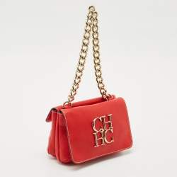 CH Carolina Herrera Red Leather Double Flap Chain Shoulder Bag  