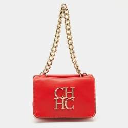 CH Carolina Herrera Red Leather Double Flap Chain Shoulder Bag  