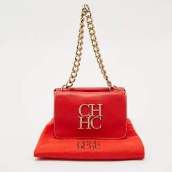 CH Carolina Herrera Red Leather Double Flap Chain Shoulder Bag  