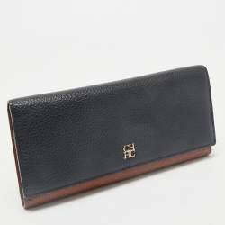 CH Carolina Herrera Black/Brown Leather Long Trifold Wallet