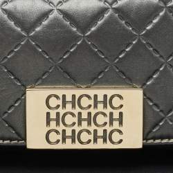 CH Carolina Herrera Metallic Grey Quilted Embossed Leather Flap Clutch