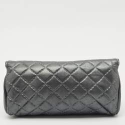CH Carolina Herrera Metallic Grey Quilted Embossed Leather Flap Clutch