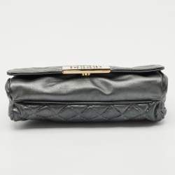 CH Carolina Herrera Metallic Grey Quilted Embossed Leather Flap Clutch