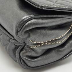 CH Carolina Herrera Metallic Grey Quilted Embossed Leather Flap Clutch