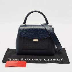 CH Carolina Herrera Navy Blue Monogram Leather Pushlock Top Handle Bag