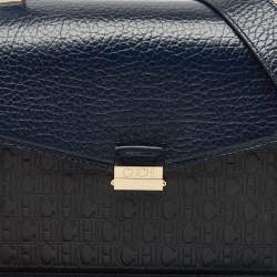 CH Carolina Herrera Navy Blue Monogram Leather Pushlock Top Handle Bag