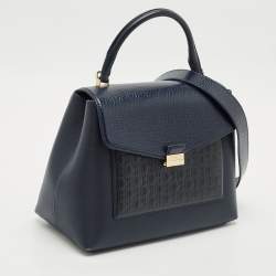 CH Carolina Herrera Navy Blue Monogram Leather Pushlock Top Handle Bag