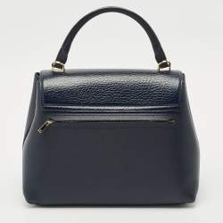 CH Carolina Herrera Navy Blue Monogram Leather Pushlock Top Handle Bag