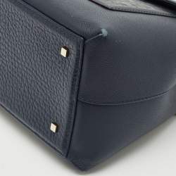 CH Carolina Herrera Navy Blue Monogram Leather Pushlock Top Handle Bag