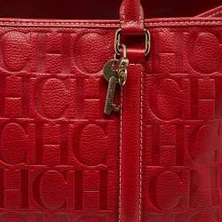 CH Carolina Herrera Red Monogram Embossed Leather Large Matteo Tote