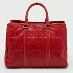 CH Carolina Herrera Red Monogram Embossed Leather Large Matteo Tote