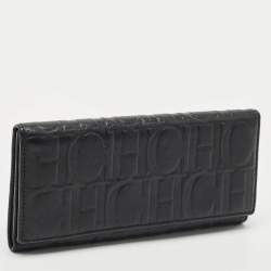 Pre Owned CH Carolina Herrera Black Monogram Leather Flap Continental Wallet