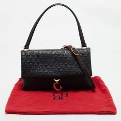 Pre Owned CH Carolina Herrera Black Embossed Leather Medium Camelot Shoulder Bag