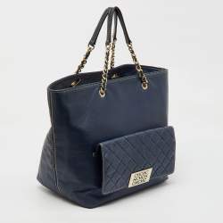 مملوكة مسبقًا CH Carolina Herrera Navy Blue Leather Front Pocket Shopper Tote