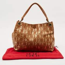 CH Carolina Herrera Brown/Gold Monogram Leather Hobo