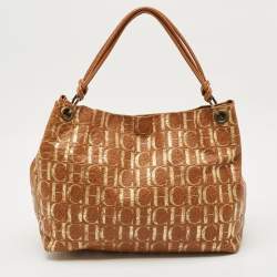 CH Carolina Herrera Brown/Gold Monogram Leather Hobo