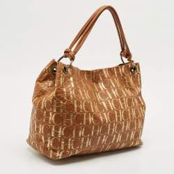 CH Carolina Herrera Brown/Gold Monogram Leather Hobo