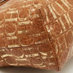 CH Carolina Herrera Brown/Gold Monogram Leather Hobo