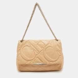 Pre Owned CH Carolina Herrera Beige Quilted Leather Flap Chain Shoulder Bag