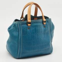 Pre Owned CH Carolina Herrera Blue/Beige Monogram Embossed Leather Andy Tote