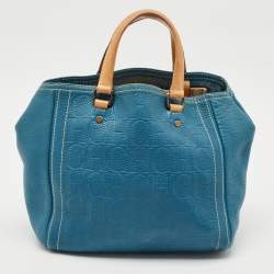 Pre Owned CH Carolina Herrera Blue/Beige Monogram Embossed Leather Andy Tote