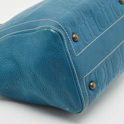 Pre Owned CH Carolina Herrera Blue/Beige Monogram Embossed Leather Andy Tote