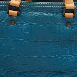 Pre Owned CH Carolina Herrera Blue/Beige Monogram Embossed Leather Andy Tote