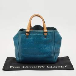 Pre Owned CH Carolina Herrera Blue/Beige Monogram Embossed Leather Andy Tote