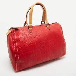 Pre Owned CH Carolina Herrera Red Monogram Embossed Leather Large Andy Boston Bag