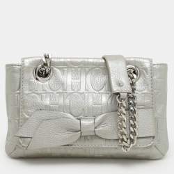 Pre Owned CH Carolina Herrera Silver Monogram Embossed Leather Audrey Shoulder Bag
