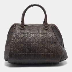 Pre Owned CH Carolina Herrera Dark Brown Monogram Embossed Leather Frame Satchel