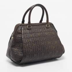 Pre Owned CH Carolina Herrera Dark Brown Monogram Embossed Leather Frame Satchel